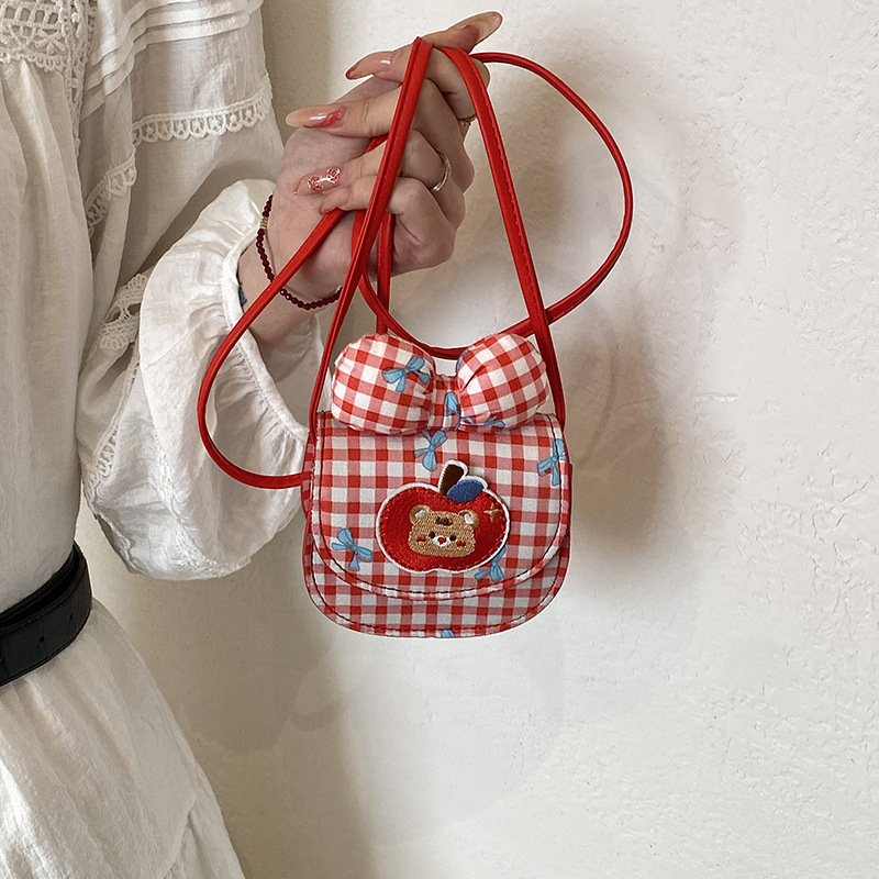 Bolsas infantiles transfronterizas lindas manzanas osos, bolsas de mochila para niños y niñas, bolsas de cambio para bebés con arco a cuadros