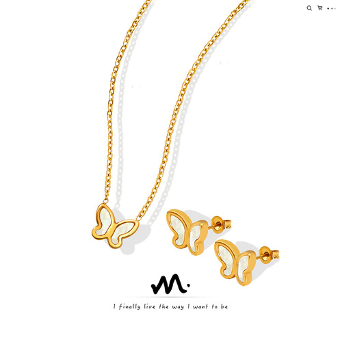 Japanese and Korean Style Trendy Fresh and Sweet Personalized Versatile Niche Design Butterfly White Sea Shell Necklace Earrings Jewelry Set