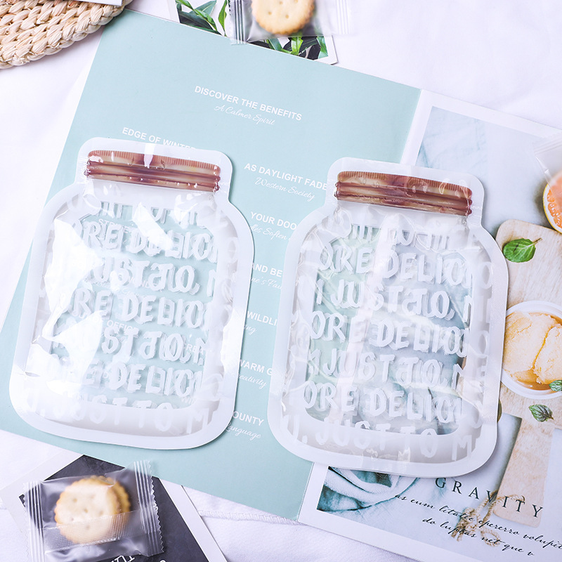 透明英文罐子瓶子自立袋雪花酥蜡瓶糖包装袋饼干奶枣糖果自封袋子