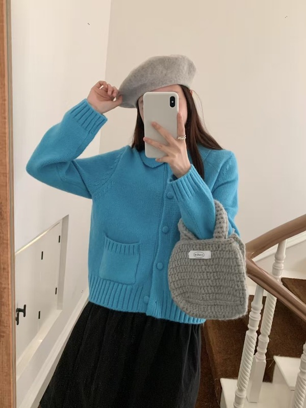 蓝色小香风毛衣外套女25秋新款高级感慵懒宽松韩系短款针织开衫冬|undefined