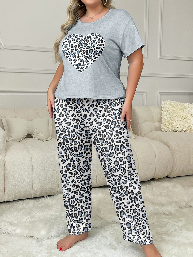 Women's Sleepwears Plus Size Casual Pajamas Spring/Summer Leopard Print Heart Pattern Round Neck Milk Silk Loungewear_voghion.com