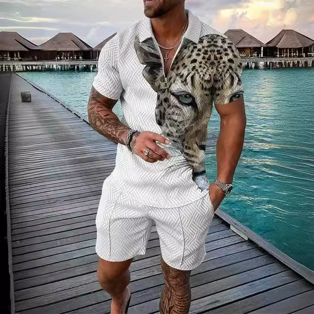 2024 Новый летний мужской шорты с короткими рукавами на молнии рубашка поло уличная футболка из двух частей повседневная спортивная одежда