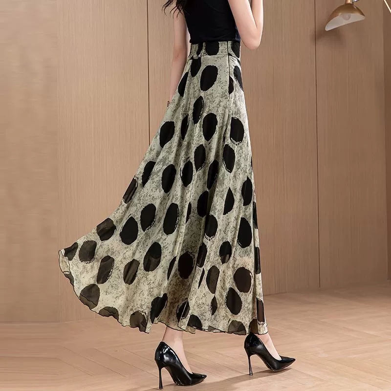 Юбка для женщин, лето 2025, новая элегантная шифоновая длинная юбка большого размера в горошек, утягивающая фея, большая распашная трапециевидная юбка