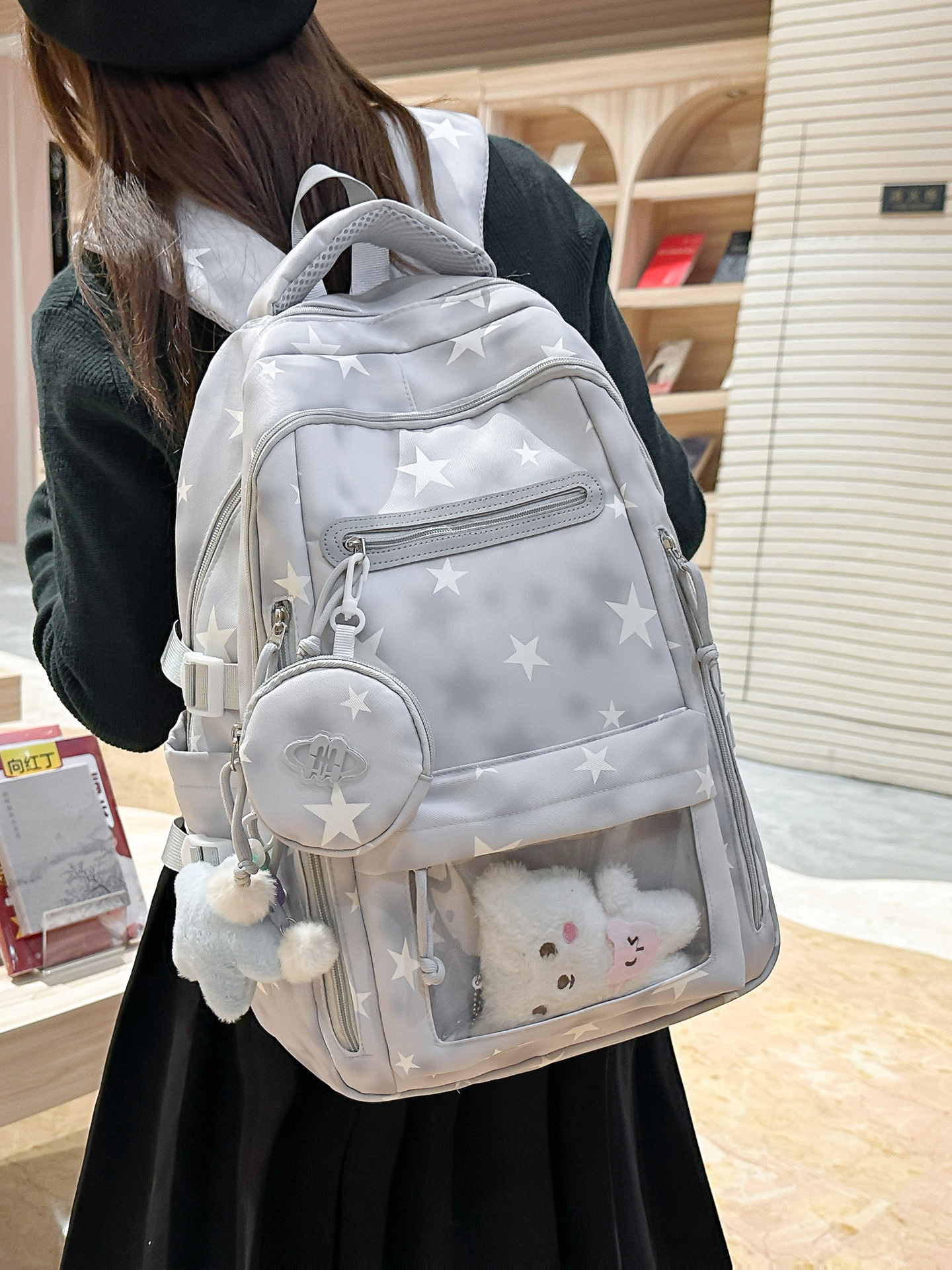 New Breathable, Weight-Reducing, Spine-Protecting Junior High School Backpack for Female Students in Grades Three to Six, Large-Capacity Student Bag, Star Backpack