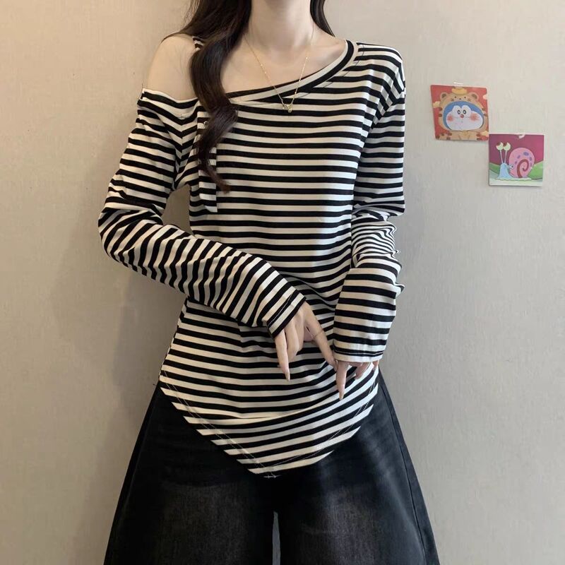大码复古条纹斜露肩长袖T恤女夏季新款胖mm收腰显瘦遮肉外穿上衣|undefined