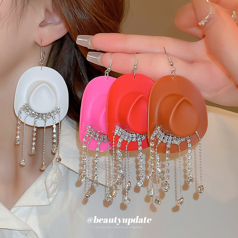 Sombrero de vaquero Gota de agua Perla de diamantes Gancho de oreja Personalidad de moda Pendientes largos creativos Chica caliente Pendientes de viento dulce y fresco al por mayor