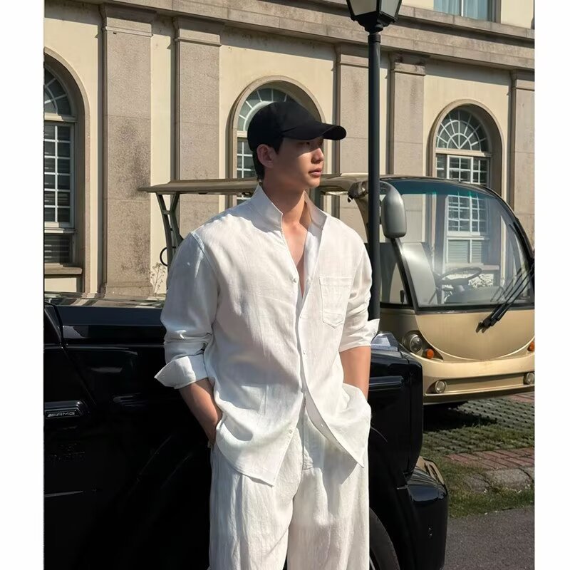 Men's Stylish Linen Long-Sleeved Shirt, Relaxed Fit, New Style, Breathable, Fashionable Stand Collar Top, Long-Sleeved Shirt