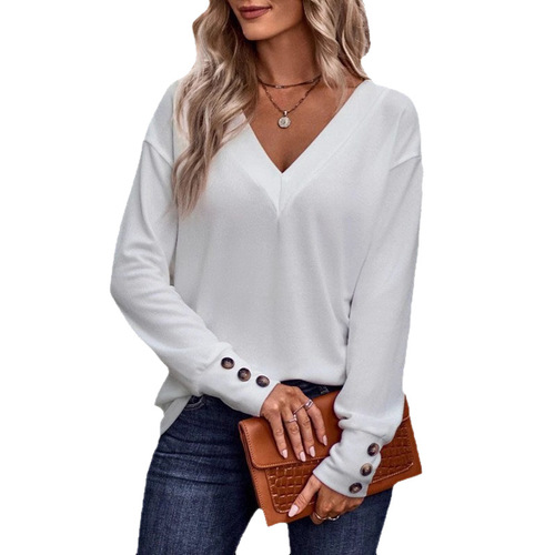 Spring New Solid Color V-Neck Loose Long-Sleeve Knit Top Button Women's Bestselling Button