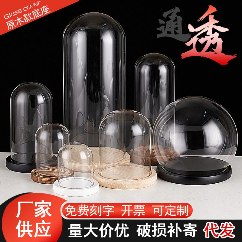 厂家跨境永生干花玻璃罩子积木公仔手办模型透明展示防尘桌面摆件