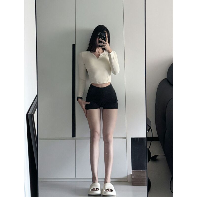 瑜伽服长袖上衣女固定杯罗纹修身显瘦运动t恤短款跑步健身服1868|undefined