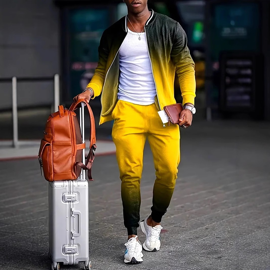 Versión coreana de la chaqueta con cremallera de estilo Pi Shuai Hong Kong de diseño de dos piezas degradado estilo popular pantalones WL9-ML1