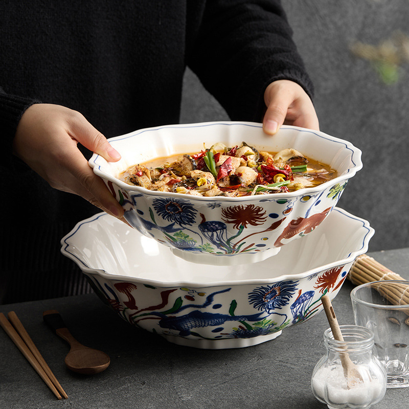 High-Quality Chinese-Style Large Bowl for Home Use 2025 New Underglaze Color Ceramic High-End Large Thickened Household Soup Noodle Bowl