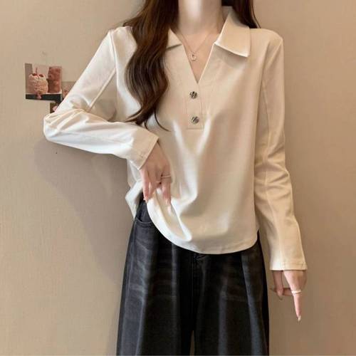 2025 New Design Polo Long-Sleeve T-Shirt for Women - Summer Slim Fit Top, Square Shoulder, Casual V-Neck T-Shirt, Outerwear Trendy