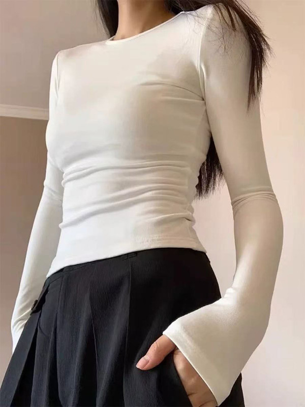 美式纯色圆领正肩修身长袖t恤女春秋冬新款紧身显瘦内搭打底上衣|undefined