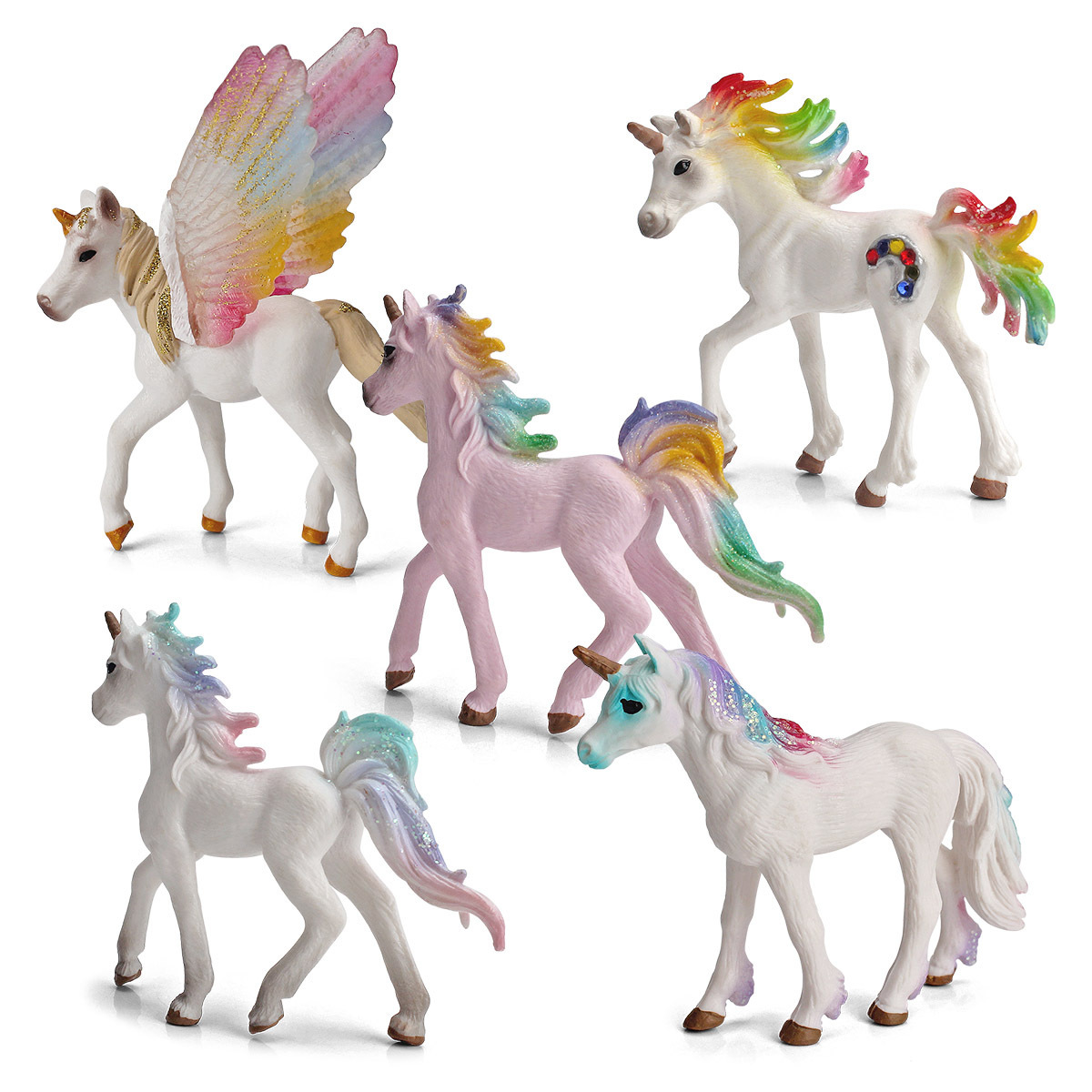 Exportación transfronteriza Diversión infantil mito animal juguete unicornio arco iris modelo de caballo Pegaso duende decoración en stock