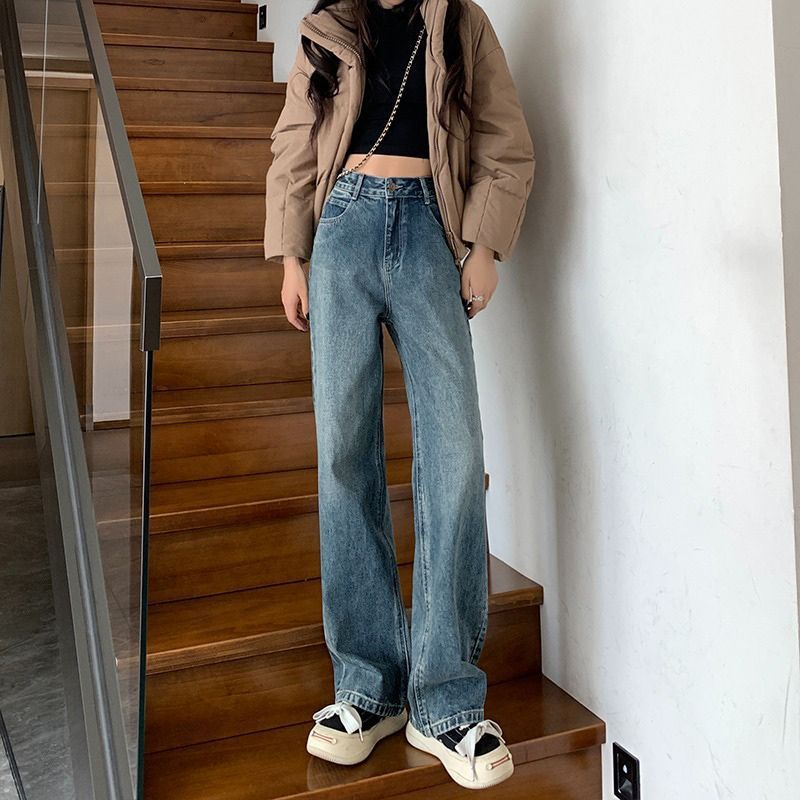 韩版复古蓝高腰阔腿牛仔裤女新款春秋垂感小个子窄版直筒拖地裤子|undefined