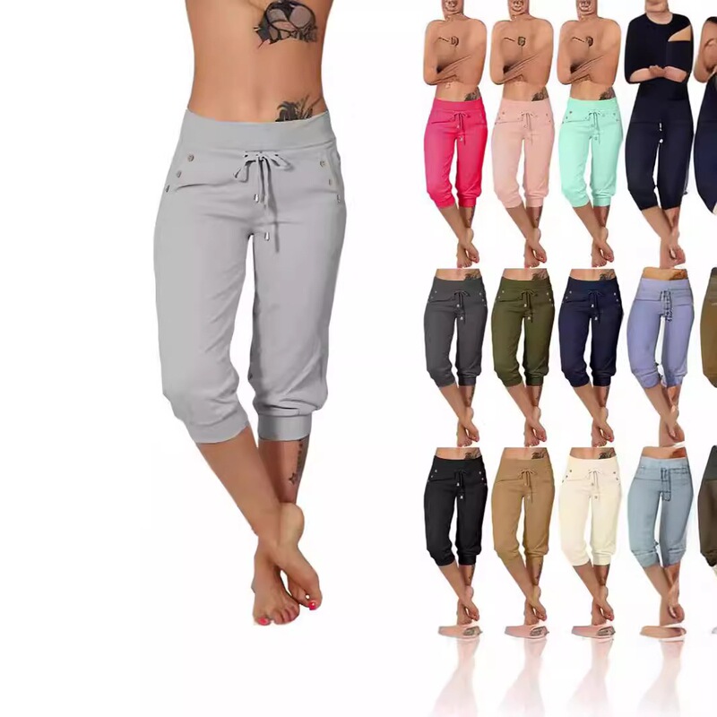 Cross-Border Foreign Trade Women's Knitted Cropped Casual Tight-Fitting High-Waisted Drawstring Pocket Sweatpants Casual Pants