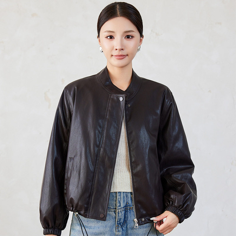 Áo khoác da nữ ngắn cổ đứng lót lông dày dặn — Cà phê đỏ với fleece dày, Màu đen Fleece dày chi tiết 8