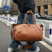 跨境纯色健身包男大容量斜挎运动包皮质装衣服的行李包手提旅行包