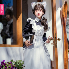 日本のメイド服の女性服の黒いロングスカートの柔らかい妹のlolita長袖のロリータのロリータのワンピースのメイドの服装