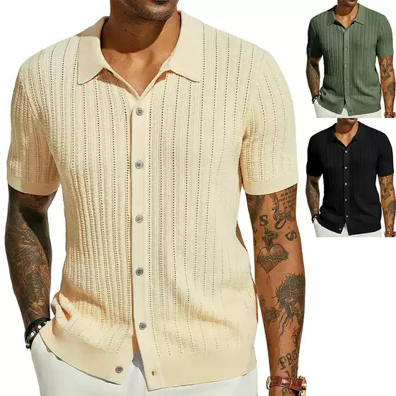 Men's casual top summer cool knitted men's shirt short sleeve lapel solid color hollow breathable men's clothing