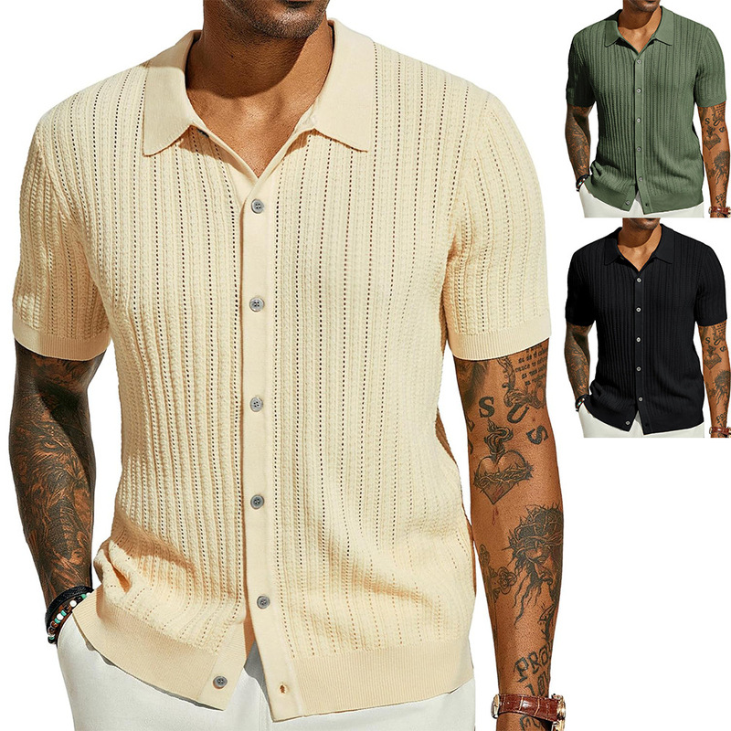 Men's casual top summer cool knitted men's shirt short sleeve lapel solid color hollow breathable men's clothing