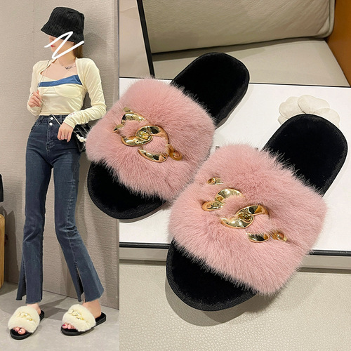 Foreign trade autumn and winter new metal chain fur slippers women's fashion warm large fur flat heel slippers cross-border
