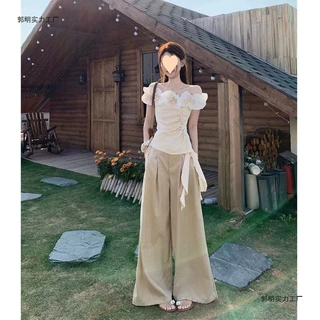 欲风辣妹套装女2025夏季新款韩版洋气一字肩上衣阔腿裤两件套