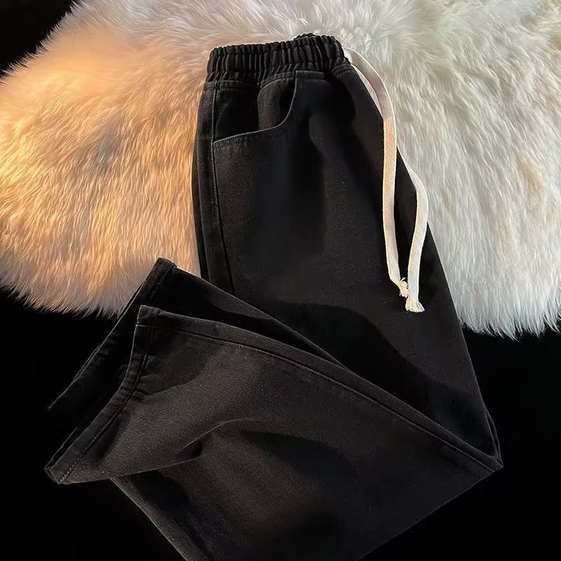 Malaysian Drawstring Elastic Waist Straight Jeans for Men Wear-Resistant Loose Retro Hong Kong Style Work Wide-Leg Pants