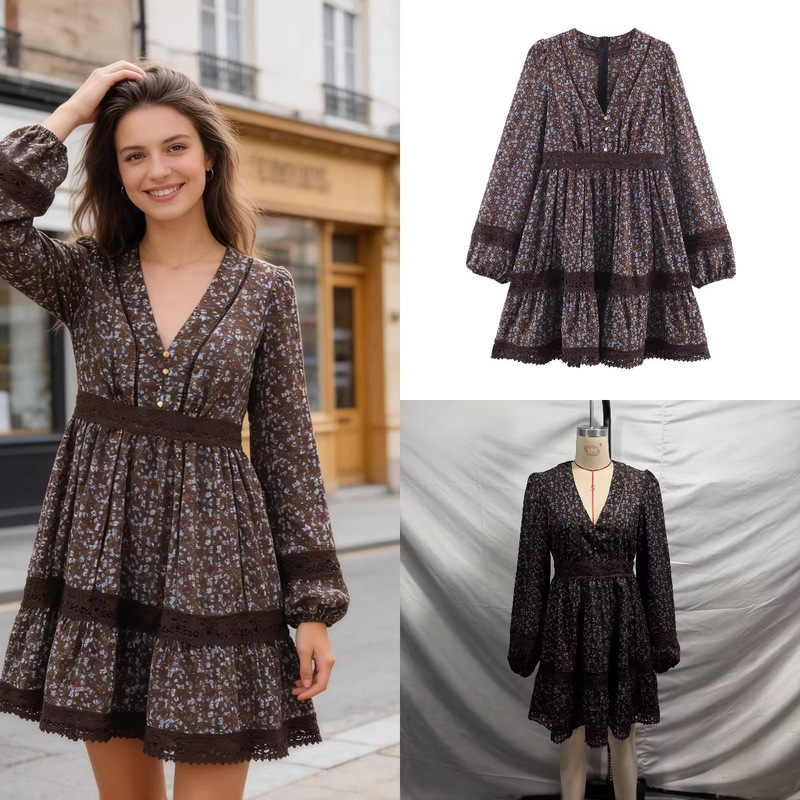 Z Brand Foreign Trade Cross-Border In-Stock European and American Style Women's Clothing 2026 Spring New V-Neck Small Floral Patchwork Lace Dress