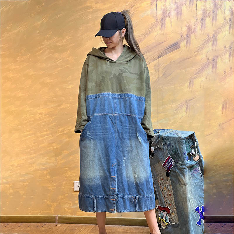 Source Manufacturer 2025 Hard Camouflage Denim Versatile Sweatshirt Round Neck Pullover Hooded Sweatshirt Loose Dress