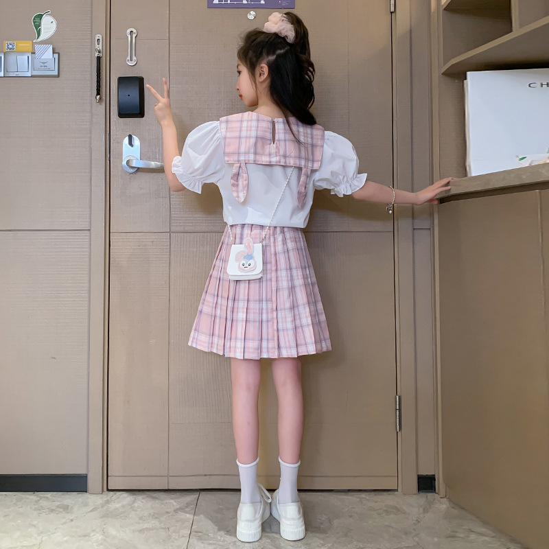 女の子jkスーツのスカート韓国版六一ショーの服の半袖夏服の学院の風の女の子のプリーツのスカートの2つのセットのファッション|undefined