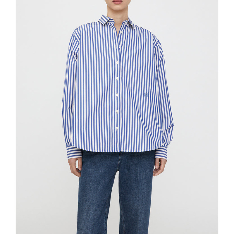 TOT Blue Striped Shirt Women's Vertical Striped Pure Cotton Front Short Back Long Design Sense Shirt Niche Autumn