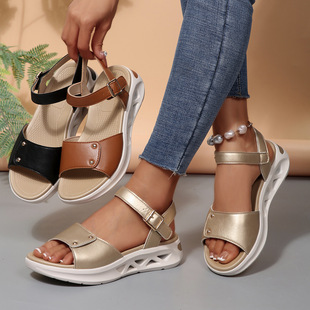 Amazon Cross-Border Large Size Women's Shoes Soft Sole 2025 New Wedge Heel Elastic Sandals Beach Shoes Wish Dropshipping