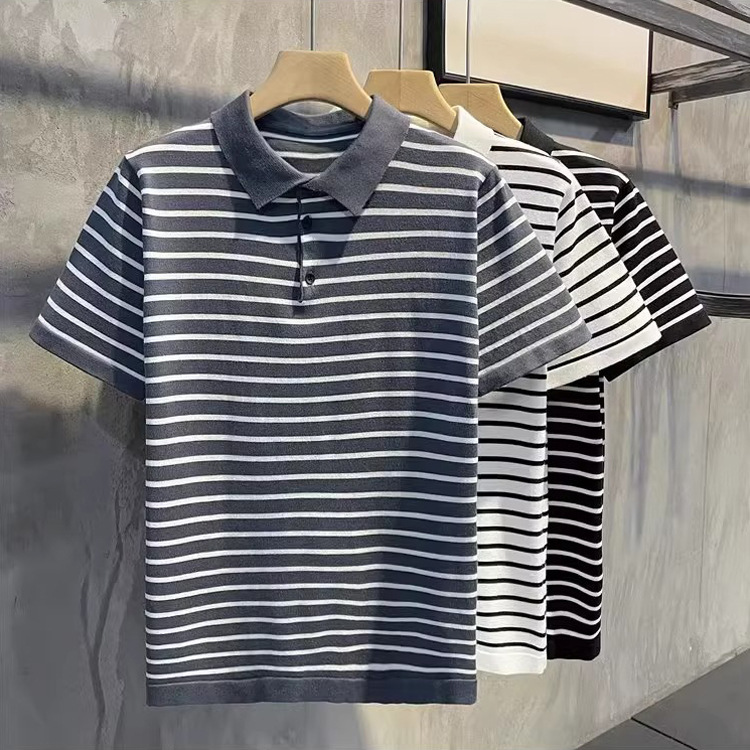 Verano nuevo estilo a rayas de manga corta suéter hombre POLO solapa negocio delgado seda de hielo camiseta comercio exterior transfronterizo al por mayor
