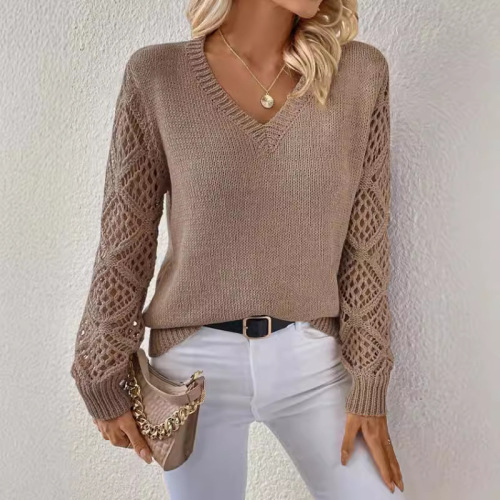 Spring and Autumn Knitted Top for European and American Women, Elegant V-Neck Hollow Long Sleeve Solid Color Knit Top