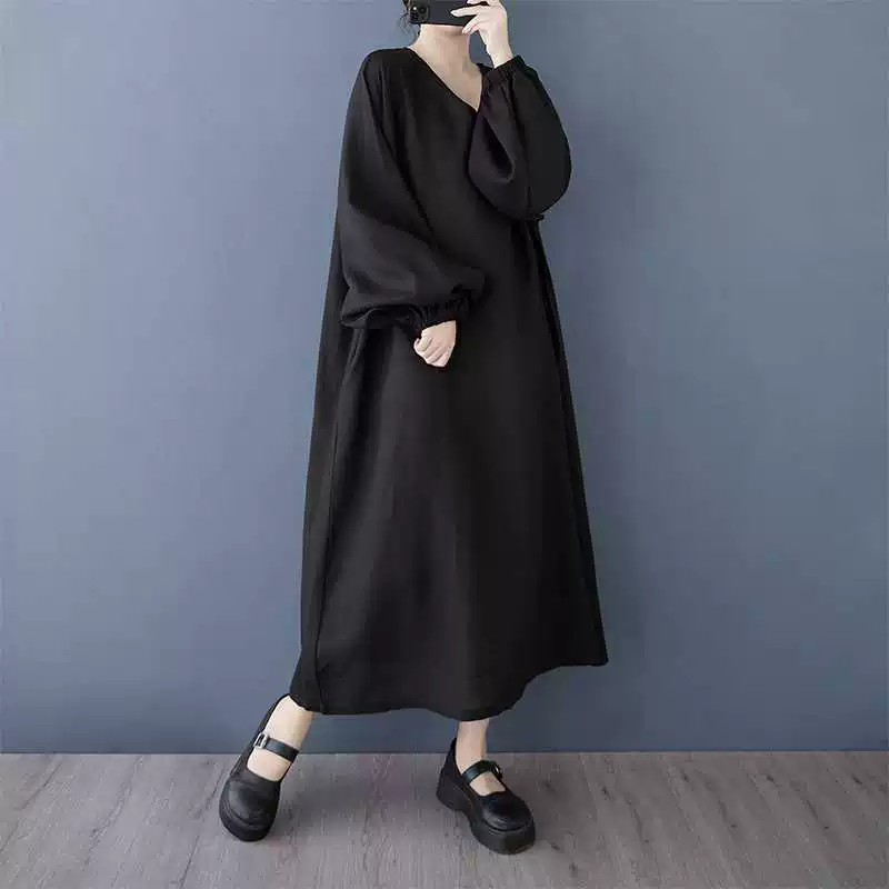 Осеннее платье с длинным рукавом, корейский стиль, V-образный вырез, oversize