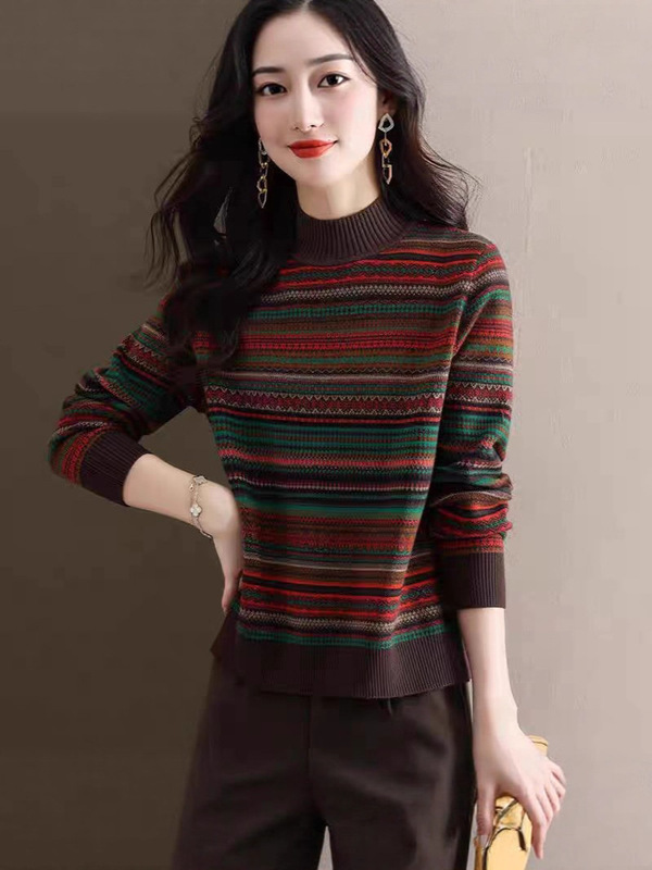 羊绒毛衣女25秋冬新款半高领条纹打底衫加厚针织内搭拼色上衣宽松|undefined