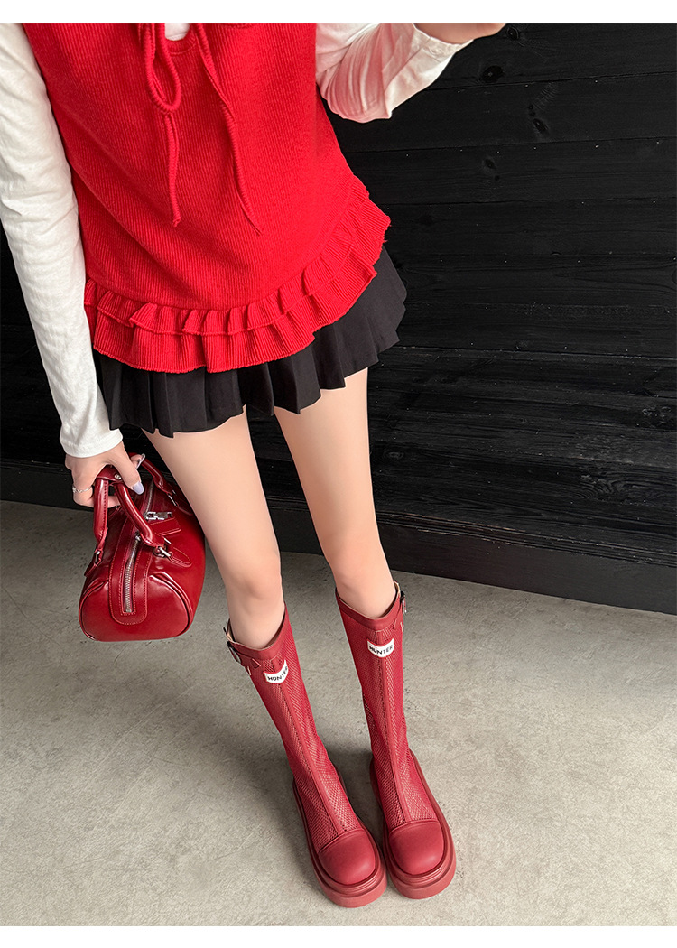 Boot nữ cổ cao ôm bắp chân đế dày gót vuông phong cách lưới thoáng khí — Ống rộng đen, Ống tiêu chuẩn đỏ, Ống tiêu chuẩn đen, Ống rộng đỏ chi tiết 10