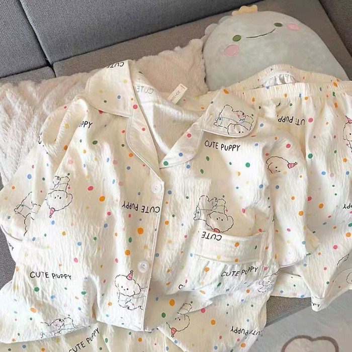 Cardigan de algodón nubes de verano con solapa dulce pijama de niña de manga corta pantalones cortos frescos set de ropa de casa de estudiantes al por mayor