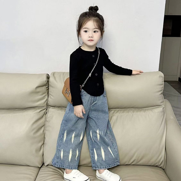秋季新款女童洋气百搭宽松直筒休闲韩版中小童印花宽松牛仔裤蓝
