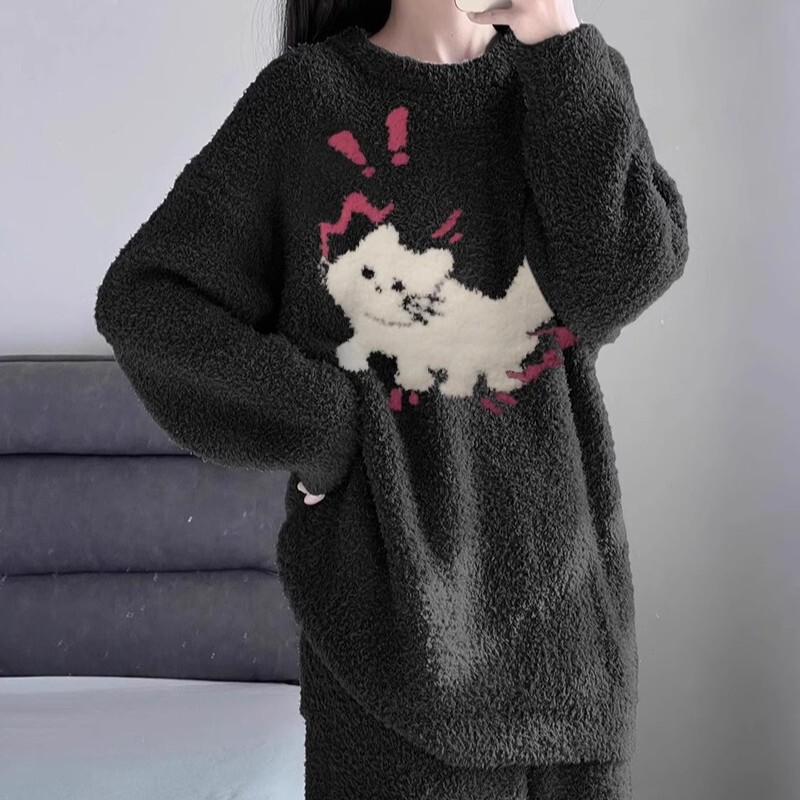 Loose Cartoon Embroidered Kitten Polar Fleece Homewear Set 2024 Autumn and Winter New Half Velvet Pajamas for Women