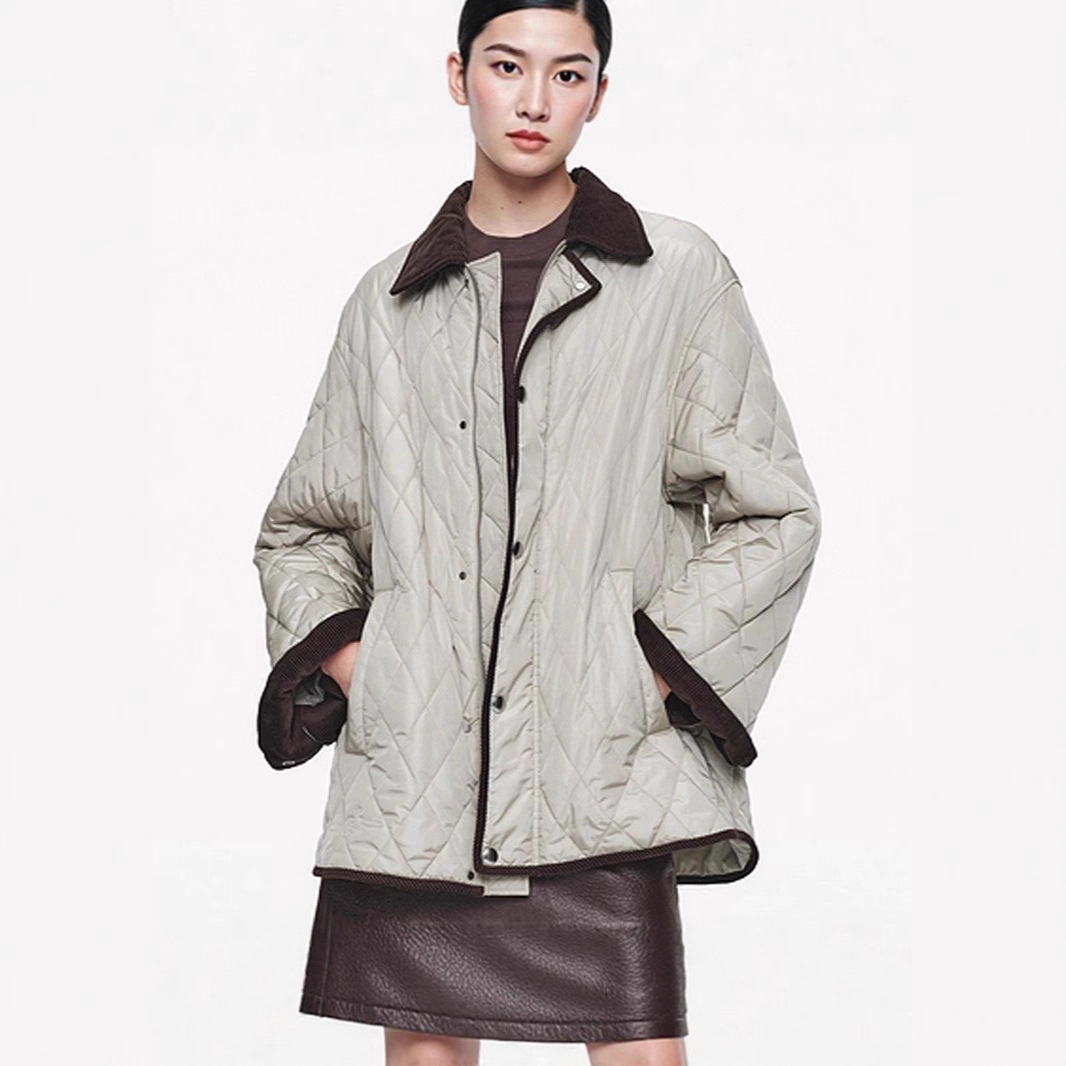 [Mo down Jacket] 2025 Autumn and Winter Women's White Duck down Corduroy Spliced ​​Diamond Light Thin Loose Tops Top