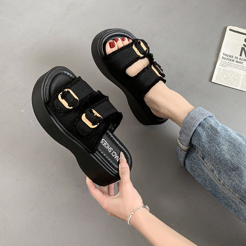 2026 verano sandalias de altura denim transfronterizas ventas calientes casuales redondas de cordón trasero sandalias de playa
