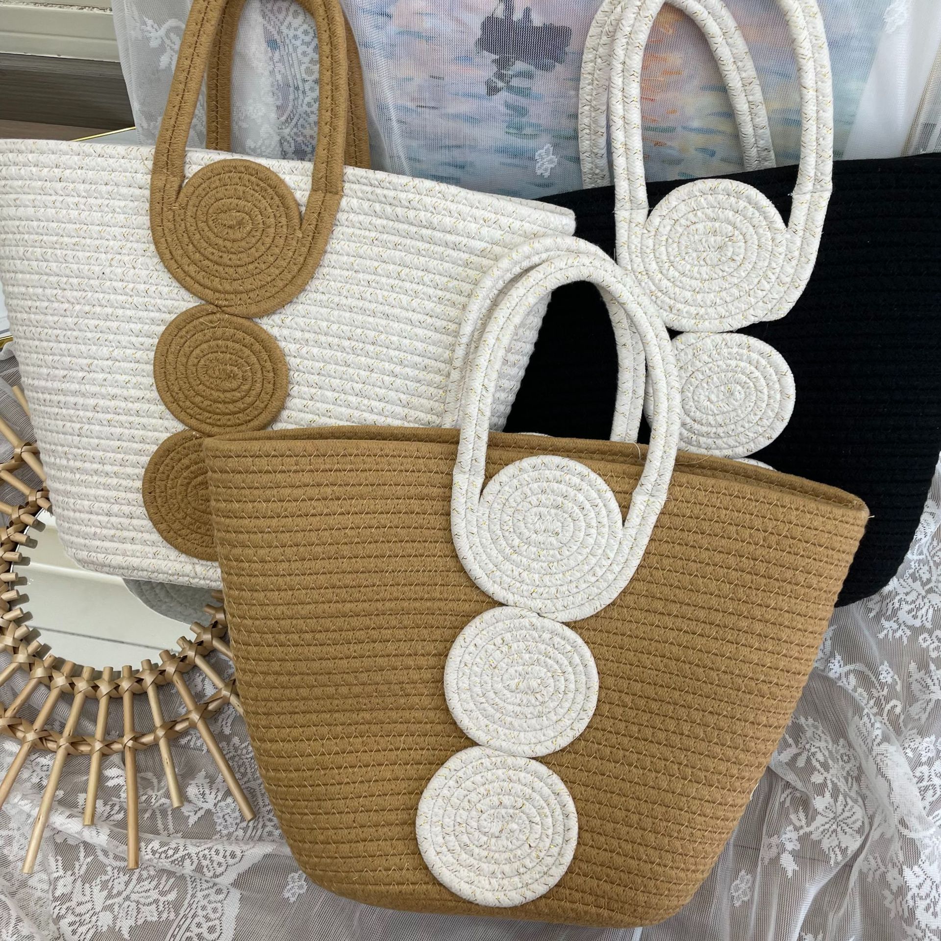 1420g Weight Women's Cotton Rope Color Block Vacation Beach Streetwear Weave Bucket Zipper Straw Bag