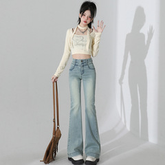 浅色弹力微喇叭牛仔裤女2025年秋季新款高腰显瘦小个子百搭喇叭裤