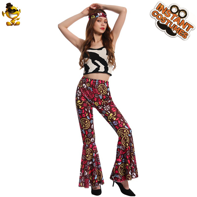 Carnaval transfronterizo adulto grande femenino retro hippie acampanado pantalones de las mujeres hippie traje ropa de fiesta