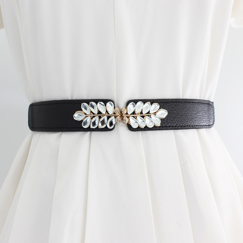 Decorative belt for women with elastic skirt, shirt, flower pattern, diamond buckle, versatile elastic black waistband, 2 options available