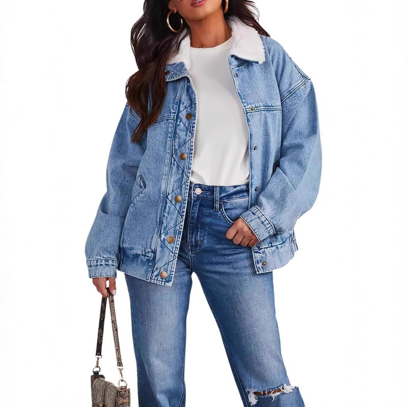 Cross-Border 2025 Factory Direct Sales Amazon New Women's Oversized Denim Jacket Winter Warm Jacket