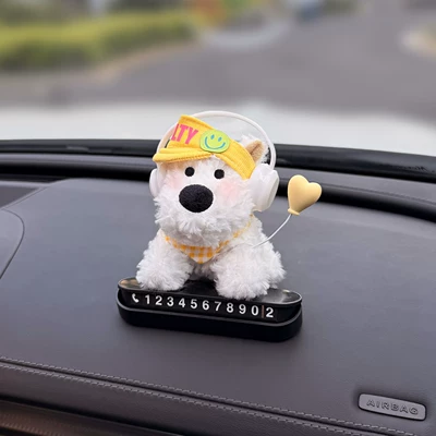 New West Highland Car Number Plate, Temporary Parking Sign, Car Phone Number for Moving the Car, Cute (Nömrəli dayanma kartı) - white-headphones-yellow-sun-hat-yellow-grid-pocket-yellow-balloon-west-highland-new-black-press-card